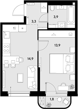 1-комн., 36 м², 2/18 этаж, ЖК «Грейд»