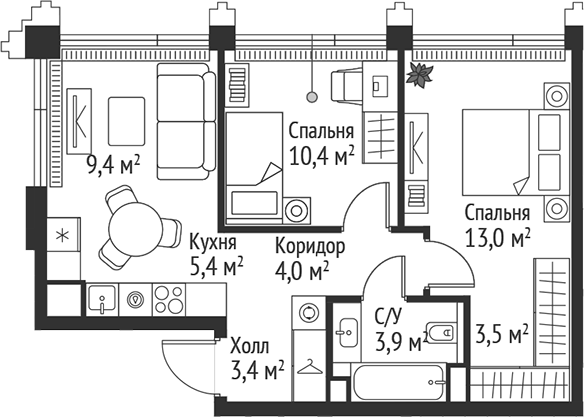 3-комн., 53 м², 45/45 этаж, ЖК «СЕТ»