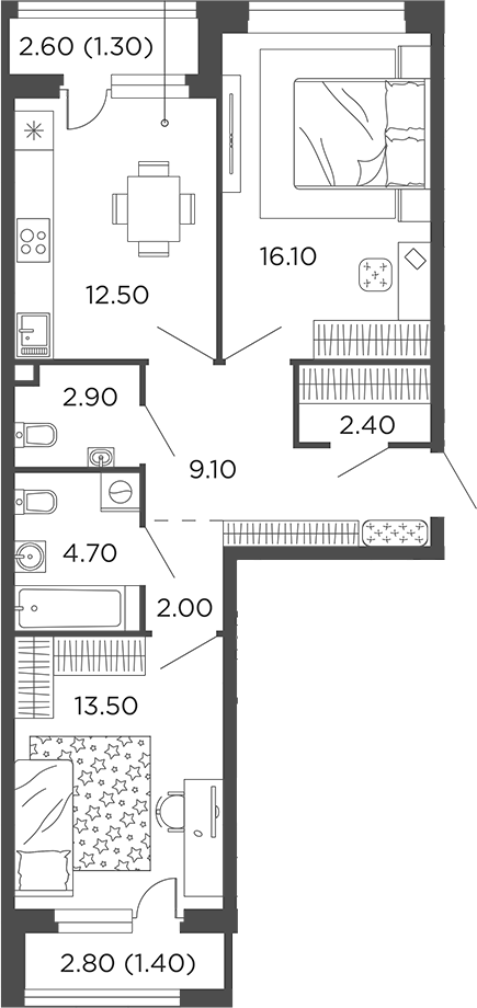 2-комн., 63.2 м², 2/12 этаж, ЖК «Филатов Луг»