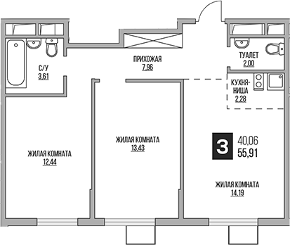 3-комн., 55.91 м², 6/14 этаж, ЖК «Гранель Аникеевский»