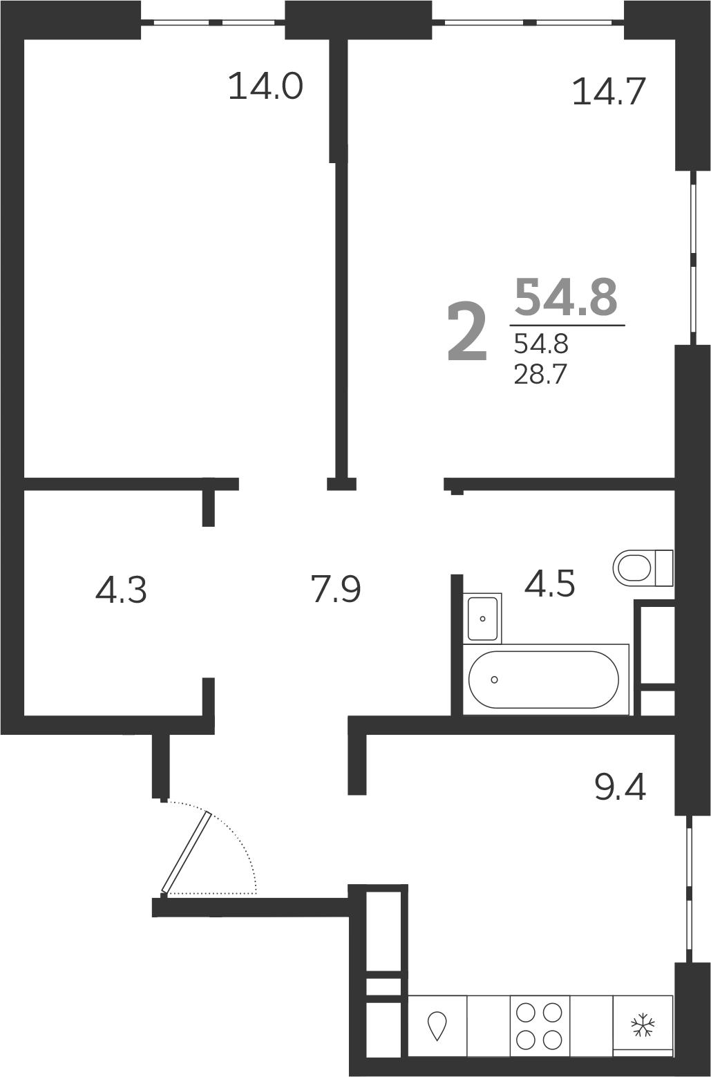 2-комн. квартира, 54.8 м² в ЖК Все Свои VIP — фото 2