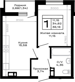 1-комн., 34.82 м², 12/16 этаж, ЖК «Горные высоты»