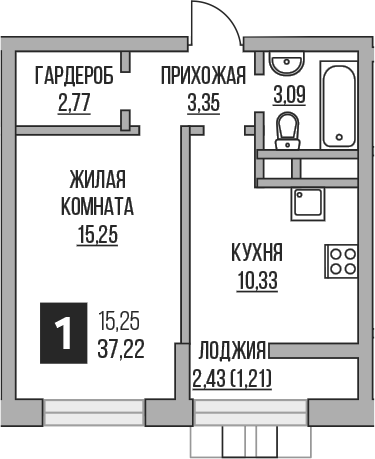 1-комн., 34.79 м², 8/16 этаж, ЖК «Гранель Пехра»