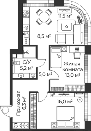 3-комн., 65.5 м², 27/38 этаж, ЖК «Веер»