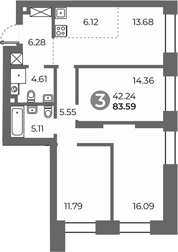 3-комн., 83.59 м², 21/24 этаж, ЖК «Павелецкая от Гранель»