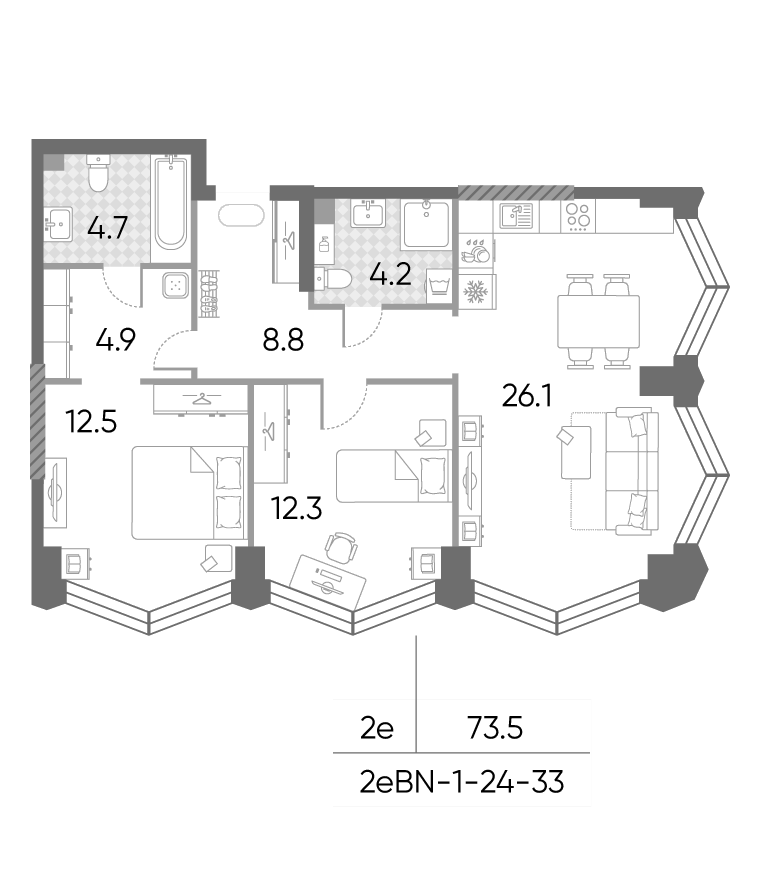 3-комн., 73.5 м², 24/43 этаж, ЖК «ЗилАрт»
