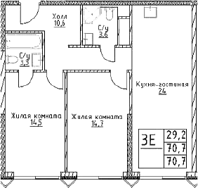 3-комн., 70.7 м², 23/29 этаж, ЖК «Наметкин Тауэр»
