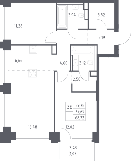 3-комн., 67.69 м², 12/32 этаж, ЖК «НОВА»