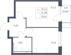 1-комн., 34.98 м², 15/17 этаж, ЖК «Новое Видное»