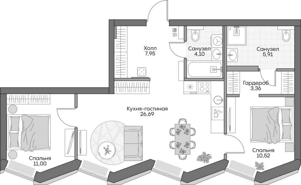 3-комн., 67.6 м², 16/16 этаж, ЖК «Инсайдер»