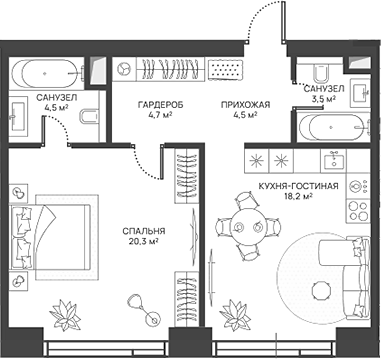 2-комн., 55.7 м², 20/52 этаж, ЖК «СВЕТ»