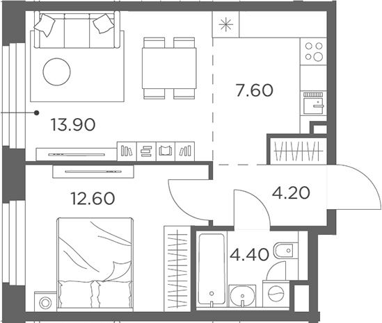 2-комн., 42.7 м², 9/17 этаж, ЖК «Белый Град»