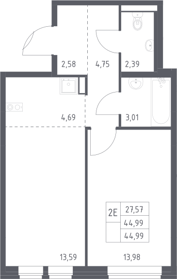 2-комн., 44.99 м², 15/17 этаж, ЖК «Квартал Авиаторов»