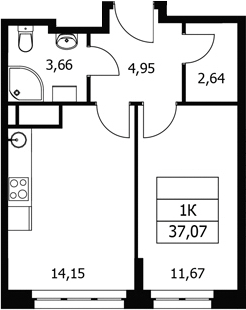 1-комн., 37.07 м², 20/21 этаж, ЖК «Волковская 67»