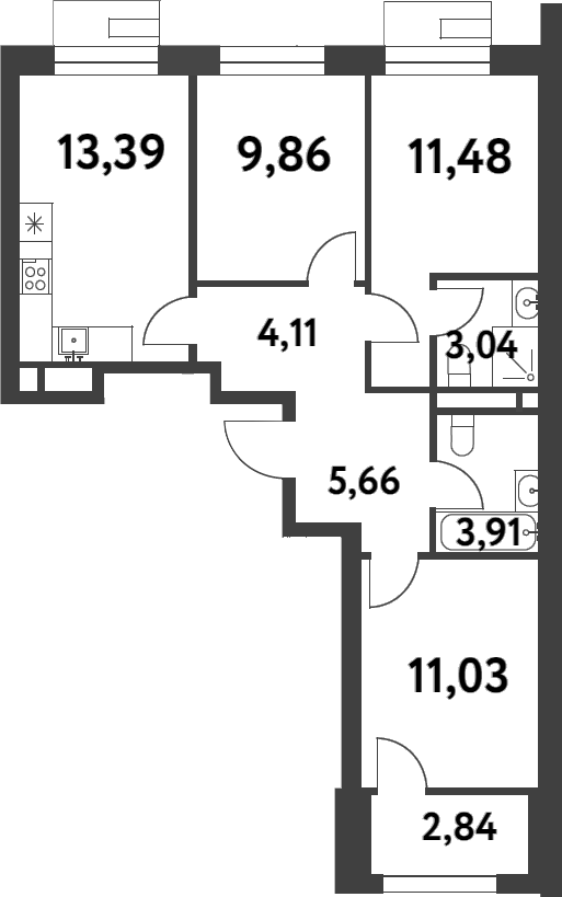 3-комн., 62.48 м², 6/16 этаж, ЖК «Смарт Гарден»