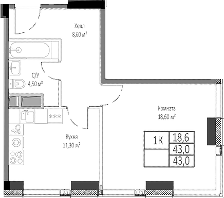 1-комн., 43 м², 12/35 этаж, ЖК «Мираполис»