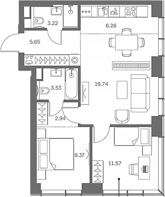 3-комн., 62.28 м², 14/41 этаж, ЖК «TATE»