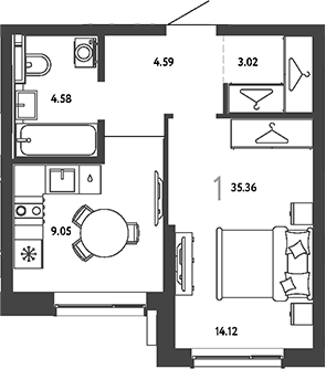 1-комн., 35.36 м², 14/18 этаж, ЖК «Страна.Парковая»