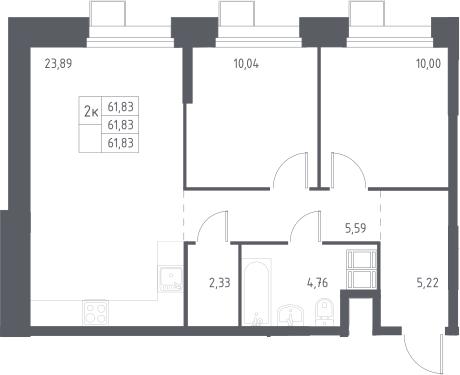 3-комн., 61.83 м², 23/23 этаж, ЖК «Тропарево Парк»
