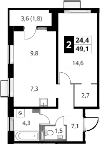 2-комн., 47.3 м², 17/24 этаж, ЖК «1-й Донской»