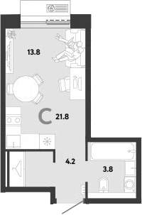 Студия, 21.8 м², 10/12 этаж, ЖК «Страна.Заречная»