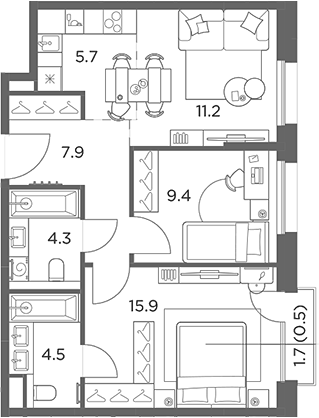 3-комн., 58.9 м², 3/6 этаж, ЖК «Станиславский»