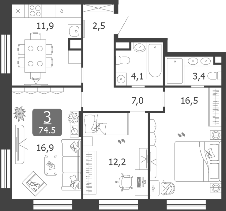 3-комн., 74.5 м², 14/19 этаж, ЖК «Шагал»
