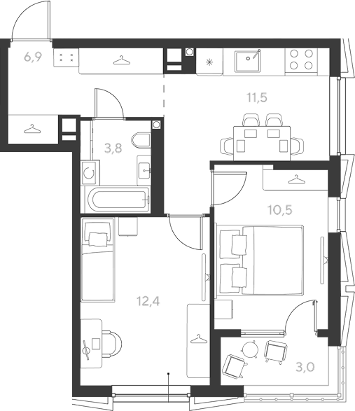 2-комн., 45.1 м², 8/9 этаж, ЖК «Ридз»