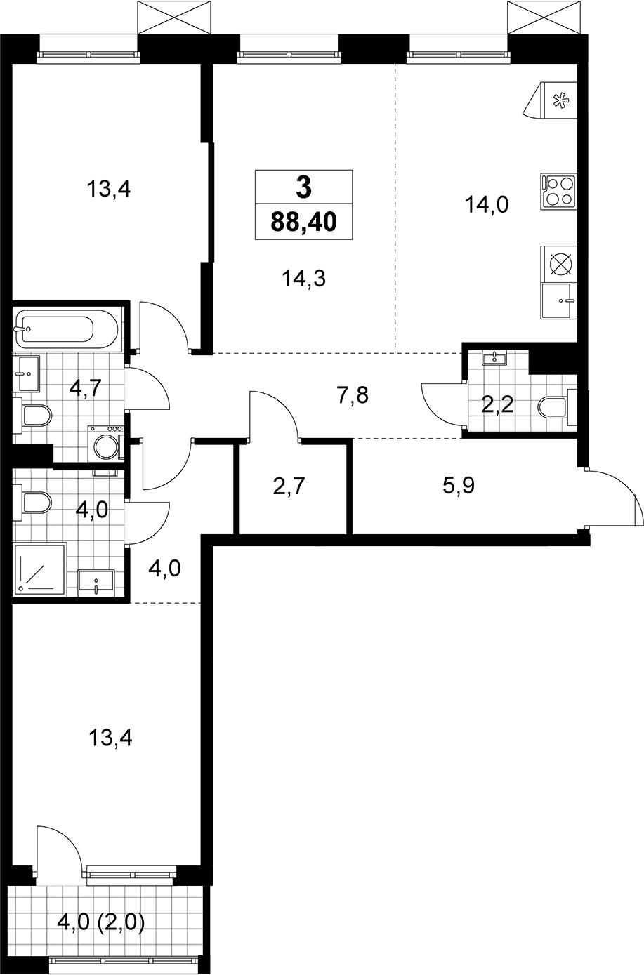 3-комн., 86.4 м², 7/8 этаж, ЖК «Дзен-кварталы»
