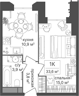 1-комн., 33.6 м², 4/30 этаж, ЖК «Гостиничный комплекс Варшавские ворота»
