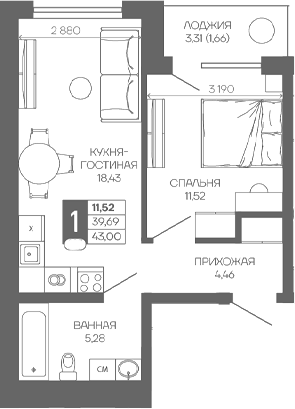 1-комн. квартира, 39.69 м² в ЖК Иначе в Молодежном — фото 2