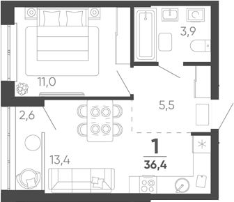 1-комн. квартира, 35.1 м² в ЖК Барса — фото 2