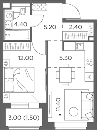 2-комн., 42.3 м², 20/23 этаж, ЖК «Белый Град»