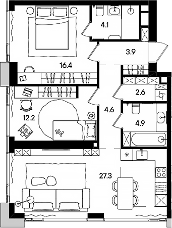 3-комн., 76 м², 3/45 этаж, ЖК «СТОУН Грэйн»