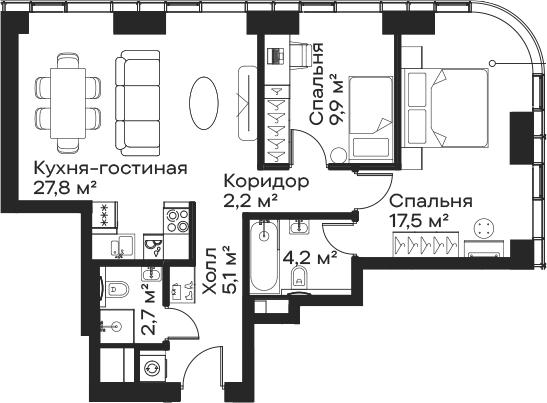 3-комн., 69.4 м², 17/59 этаж, ЖК «Сити Бэй»