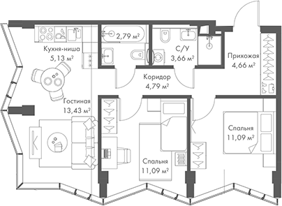 3-комн., 56.64 м², 9/24 этаж, ЖК «МИРА»