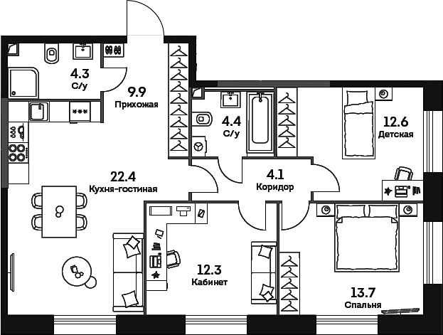 4+ комнаты, 83.7 м², 17/27 этаж, ЖК «ЭРА»