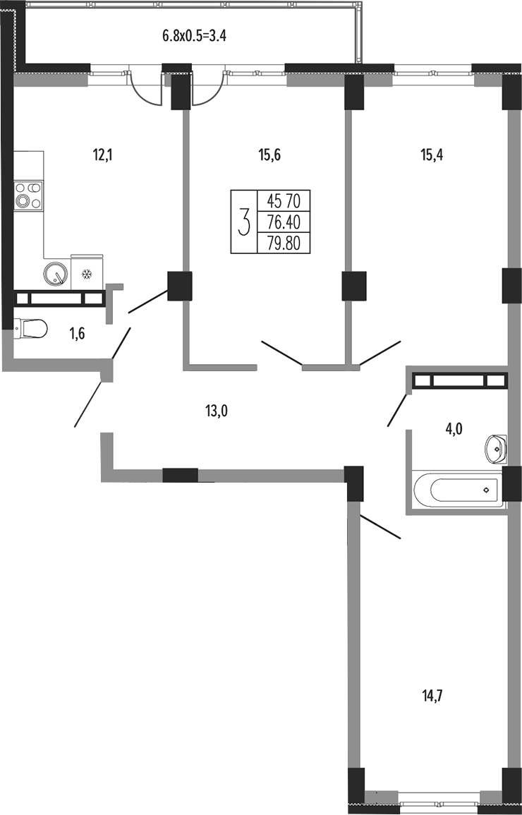 3-комн. квартира, 78.95 м² в ЖК Екатерининский парк — фото 2