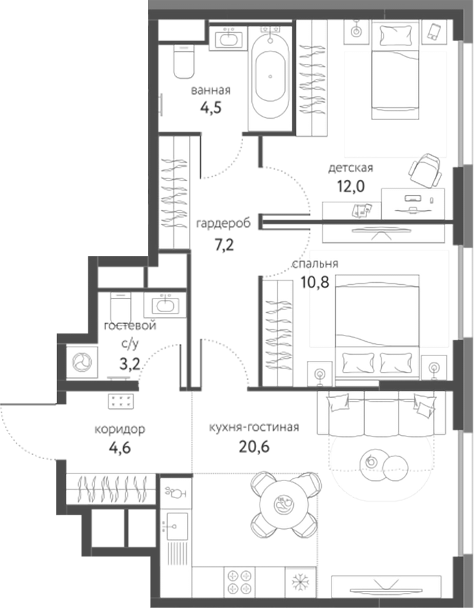 3-комн., 62.9 м², 17/25 этаж, ЖК «Сиреневый парк»