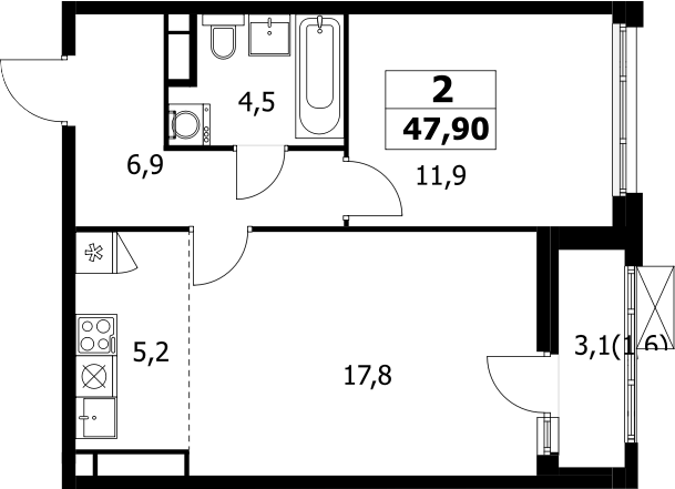 2-комн., 46.3 м², 8/17 этаж, ЖК «Прокшино»