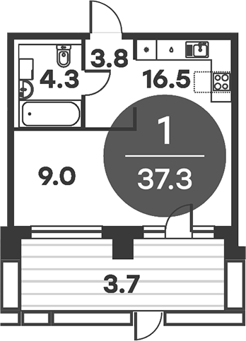1-комн., 37.3 м², 1/6 этаж, ЖК «Равновесие»