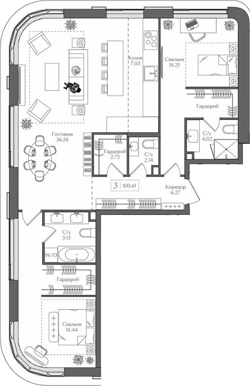 3-комн., 100.61 м², 5/15 этаж, ЖК «Преображенская площадь»