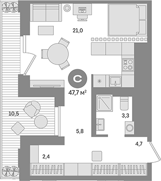 Студия, 37.2 м², 20/21 этаж, ЖК «Квартал Герцена»