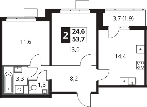 2-комн., 51.8 м², 16/25 этаж, ЖК «1-й Южный»