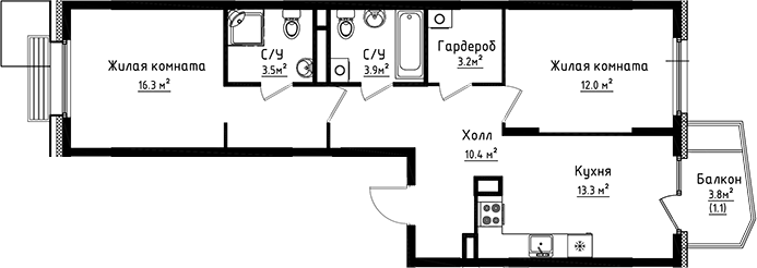 2-комн., 62.6 м², 2/8 этаж, ЖК «Коллекция»