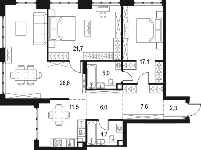 3-комн., 104.5 м², 30/50 этаж, ЖК «Левел Южнопортовая»