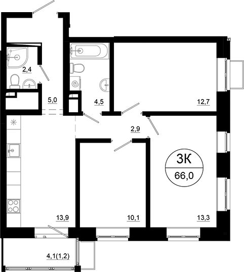 3-комн., 64.8 м², 3/21 этаж, ЖК «Союзный»