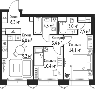 3-комн., 59.2 м², 10/59 этаж, ЖК «СЕТ»