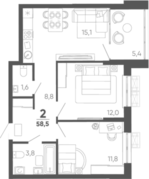 2-комн. квартира, 53.1 м² в ЖК Барса — фото 2