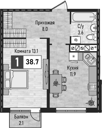 1-комн., 36.6 м², 8/8 этаж, ЖК «Живописный»